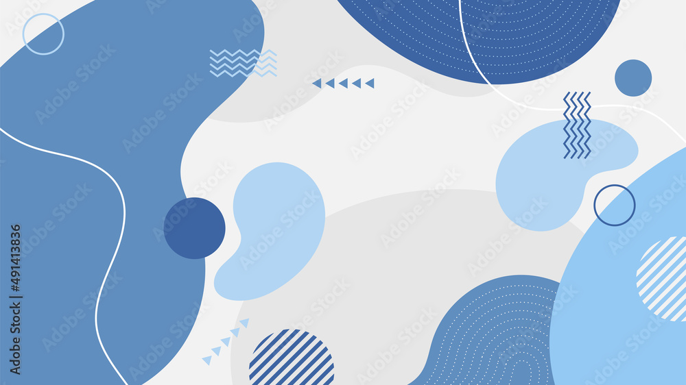 Abstract colorful blue Memphis flat geometric shapes background. Abstract composition with lines square dot triangle circle and wavy flat style. Design for poster, presentation, card, cover, banner.