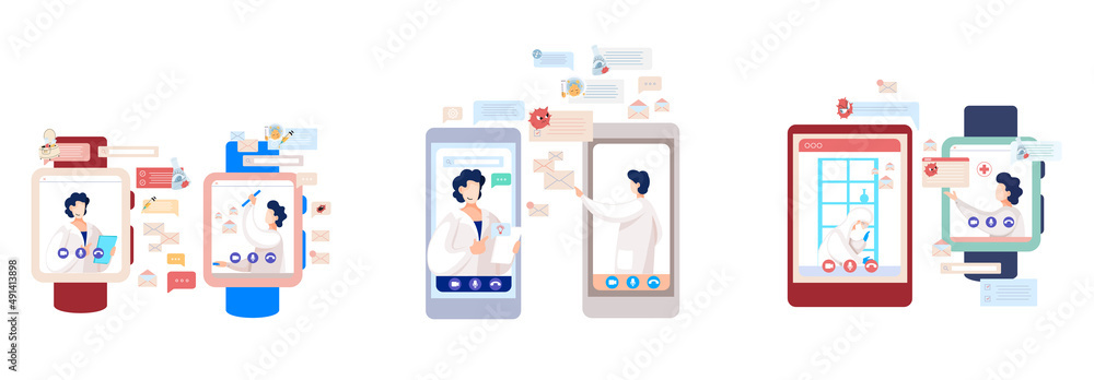 Online doctor conference, consultation via your smartphone. Concept for medical app and websites. Remote meetings of scientists conferring on fight against viruses and scientific researches Online doctor conference, consultation via your smartphone. Concept for medical app and websites. Remote meetings of scientists conferring on fight against viruses and scientific researches