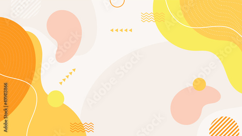 Abstract colorful orange Memphis flat geometric shapes background. Abstract composition with lines square dot triangle circle and wavy flat style. Design for poster, presentation, card, cover, banner.