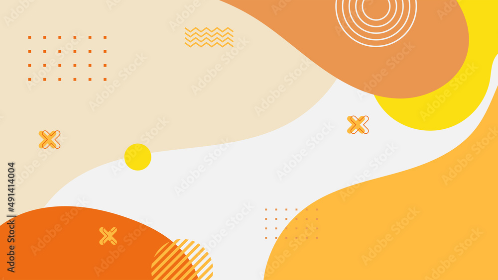 Abstract colorful orange Memphis flat geometric shapes background. Abstract composition with lines square dot triangle circle and wavy flat style. Design for poster, presentation, card, cover, banner.
