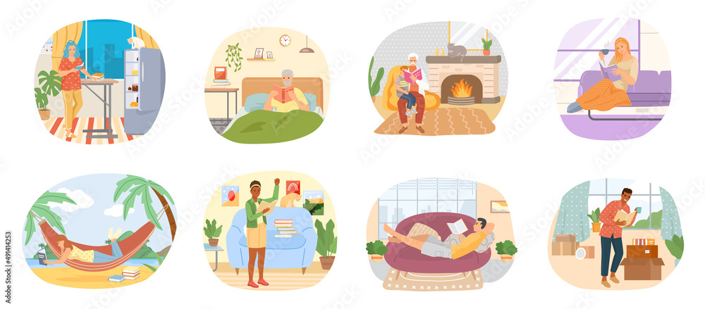 Reading people flat character set with books magazines literature isolated vector illustration. Young male and female readers dressed in trendy clothes relaxing at home with books or textbooks