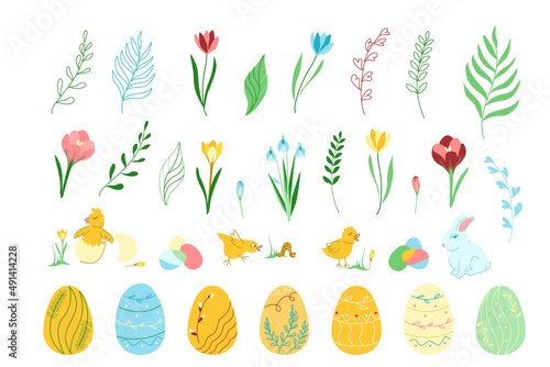 Large vector set of cliparts for Easter. Flowers, twigs, leaves, chickens, hare and Easter eggs. Illustrations for postcards and decor