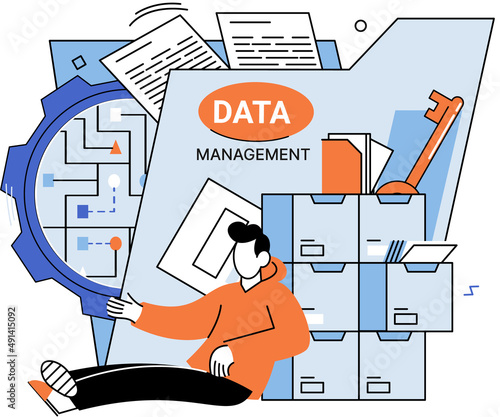 Data management metaphor, privacy media center, business protection, rational storage of information, digital privacy. Efficient data manager, cost-effective safe organization, storage and use of data