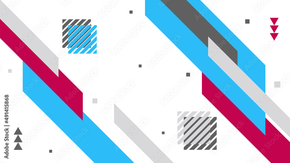 Obraz premium Abstract colorful Memphis flat geometric shapes background. Abstract composition with lines square dot triangle circle and wavy flat style. Design for poster, presentation, card, cover, banner.