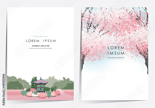 Vector editorial design frame set of Korean spring scenery with cherry trees in full bloom. Design for social media, party invitation, Frame Clip Art and Business Advertisement	