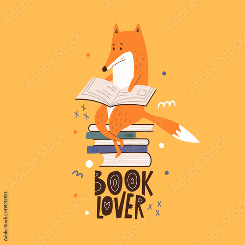 Fox with books vector illustration. Book store or library with literature for kids. 