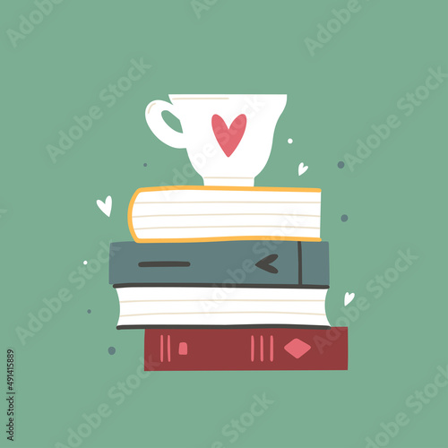 A stack of books to read. Literature set isolated on green background. Vector cartoon illustration.