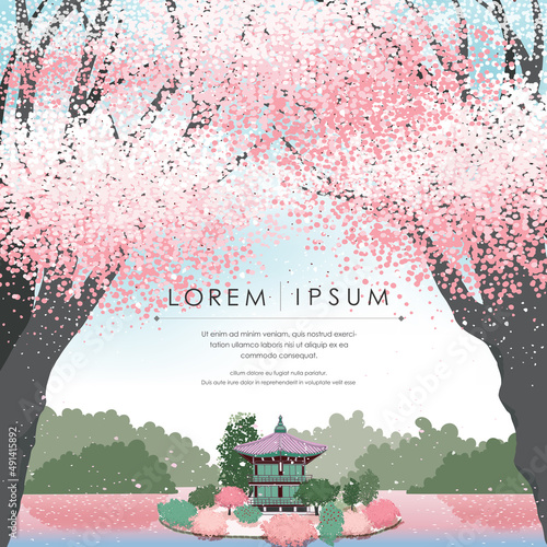 Vector editorial design frame of Korean spring scenery with cherry trees in full bloom. Design for social media, party invitation, Frame Clip Art and Business Advertisement	
