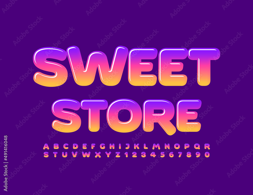 Vector bright logo Sweet Store. Cute Kids Font. Creative 3D Alphabet Letters and Numbers.
