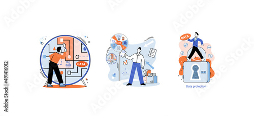 Big data analytics platform, data management and protection creative metaphor set abstract concept. Data center room disk infrastructure business information safety. Technology Internet and network