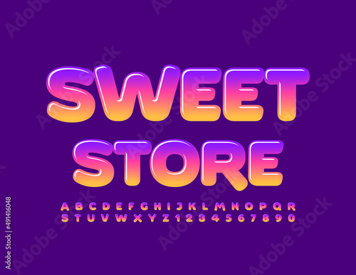 Vector bright logo Sweet Store. Cute Kids Font. Creative 3D Alphabet Letters and Numbers.