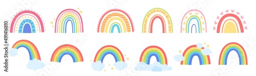 Obraz na plátně Cute rainbows with clouds, stars and hearts, scandinavian rainbow doodles
