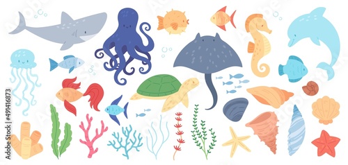 Sea animals, corals, seaweed and seashells, aquatic life. Seahorse, whale, fish, shark, dolphin underwater creatures and plants vector set