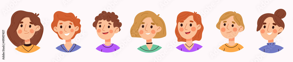 Set of avatars of children characters. Happy kid profile avatar for social media or blog account, school children smiling set Set of avatars of children characters. Happy kid profile avatar for social media or blog account, school children smiling set