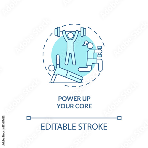 Power up your core turquoise concept icon. Tip for healthy joints abstract idea thin line illustration. Strengthen spine. Isolated outline drawing. Editable stroke. Arial, Myriad Pro-Bold fonts used