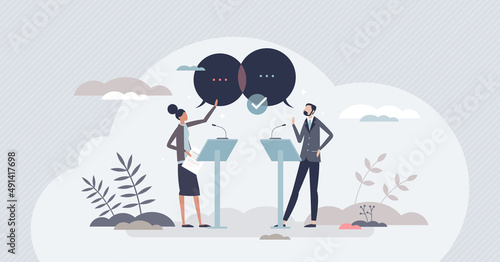 Political debate and discussion with candidate speakers tiny person concept. Public communication and democratic speech in front of audience vector illustration. Stage communication with arguments.