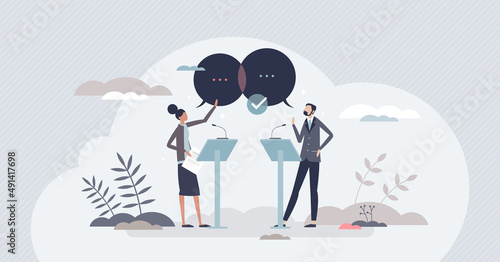 Political debate and discussion with candidate speakers tiny person concept. Public communication and democratic speech in front of audience vector illustration. Stage communication with arguments. © VectorMine