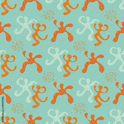 Funky dancing people vector pattern background. Fun backdrop of abstract dance figures with musical notes texture. Blue and neon orange repeat. hand drawn all over print for summer, music festival