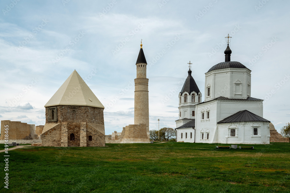 View of the Assumption Church and the Cathedral Mosque on the territory of the Bulgarian State Historical and Architectural Museum-Reserve, Bolgar, Republic of Tatarstan, Russia