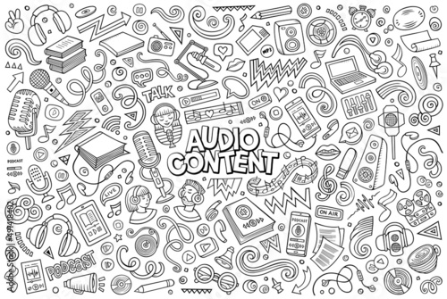 Vector set of Audio content theme objects and symbols