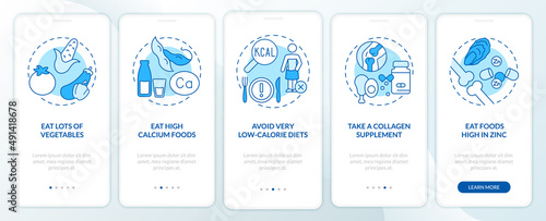 Maintaining healthy joints and bones blue onboarding mobile app screen. Walkthrough 5 steps graphic instructions pages with linear concepts. UI, UX, GUI template. Myriad Pro-Bold, Regular fonts used