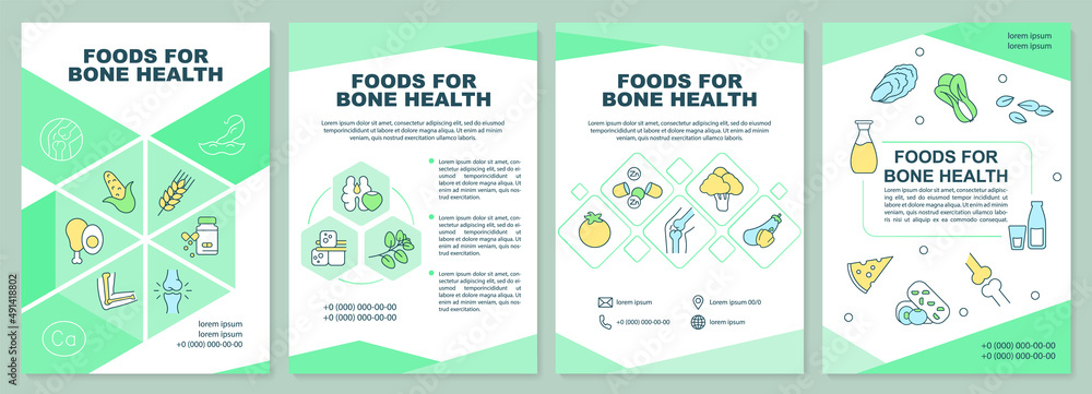 Foods for bone health green brochure template. Balanced diet. Leaflet design with linear icons. 4 vector layouts for presentation, annual reports. Arial-Black, Myriad Pro-Regular fonts used