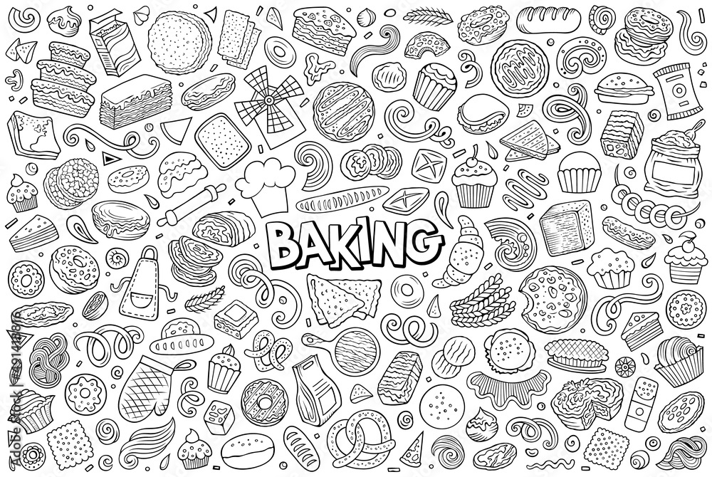 Cartoon set of bakery theme items, objects and symbols