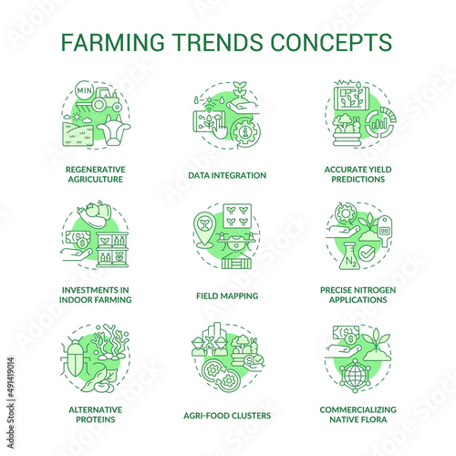 Farming trends green concept icons set. Innovations in agriculture industry development idea thin line color illustrations. Isolated symbols. Editable stroke. Roboto-Medium, Myriad Pro-Bold fonts used