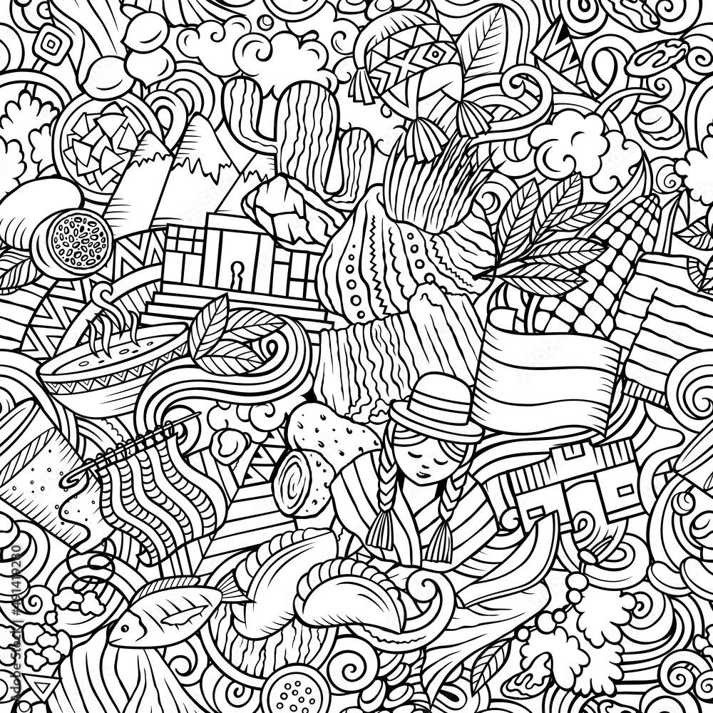 Cartoon doodles Bolivia seamless pattern.
