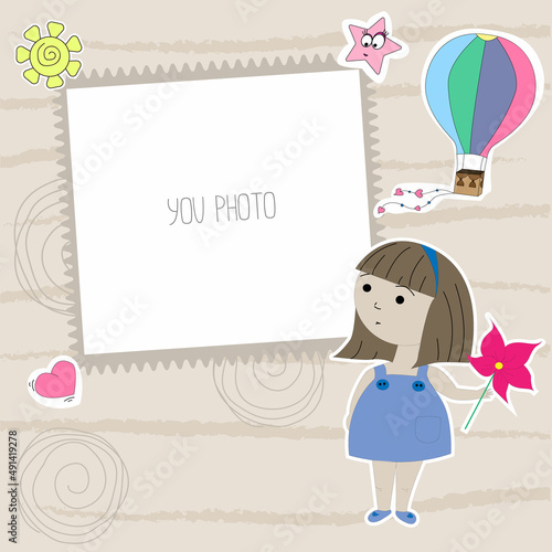 Photo frame baby simple vector illustration. Scrapbooking template for baby scrapbook with girl character, air balloon vector illustration. Template for children's text