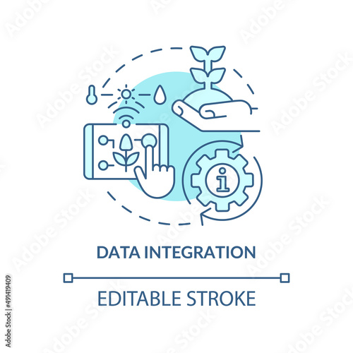 Data integration turquoise concept icon. Farming innovation providing abstract idea thin line illustration. Isolated outline drawing. Editable stroke. Arial, Myriad Pro-Bold fonts used