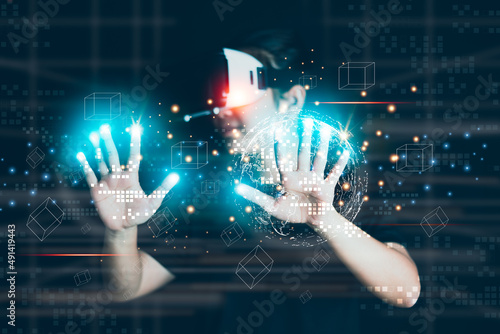 Women wear virtual reality glasses to enter the virtual world, to experience the virtual world technology, the future world, to experience entertainment through the screen.VR