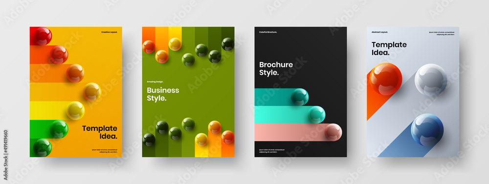 Multicolored company brochure vector design template set. Abstract 3D spheres poster layout bundle.