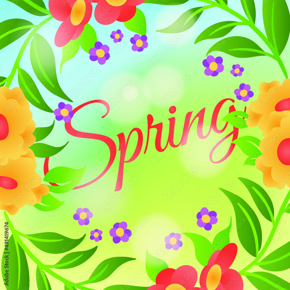 Pastel coloured poster with flowers in retro style. Concept of a card for a springtime. 
