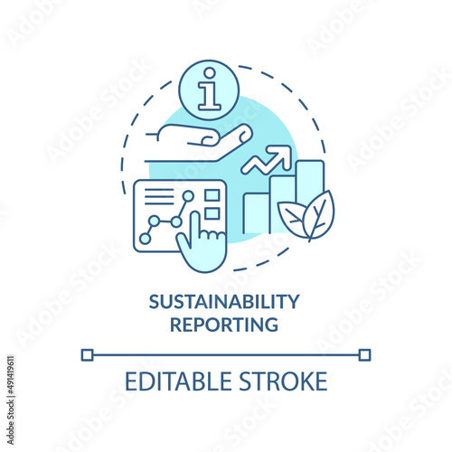 Sustainability reporting turquoise concept icon. Eco farming. Agricultural trends abstract idea thin line illustration. Isolated outline drawing. Editable stroke. Arial, Myriad Pro-Bold fonts used