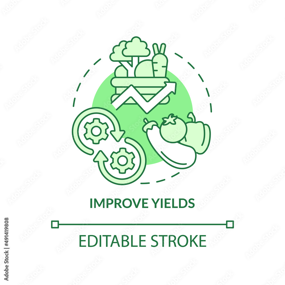 Improve yields green concept icon. Crop and fertility. Shift to regenerative culture abstract idea thin line illustration. Isolated outline drawing. Editable stroke. Arial, Myriad Pro-Bold fonts used Improve yields green concept icon. Crop and fertility. Shift to regenerative culture abstract idea thin line illustration. Isolated outline drawing. Editable stroke. Arial, Myriad Pro-Bold fonts used