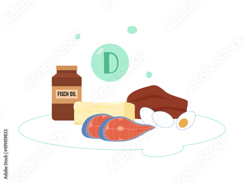 Vitamin D food sources, flat vector illustration isolated on white background.