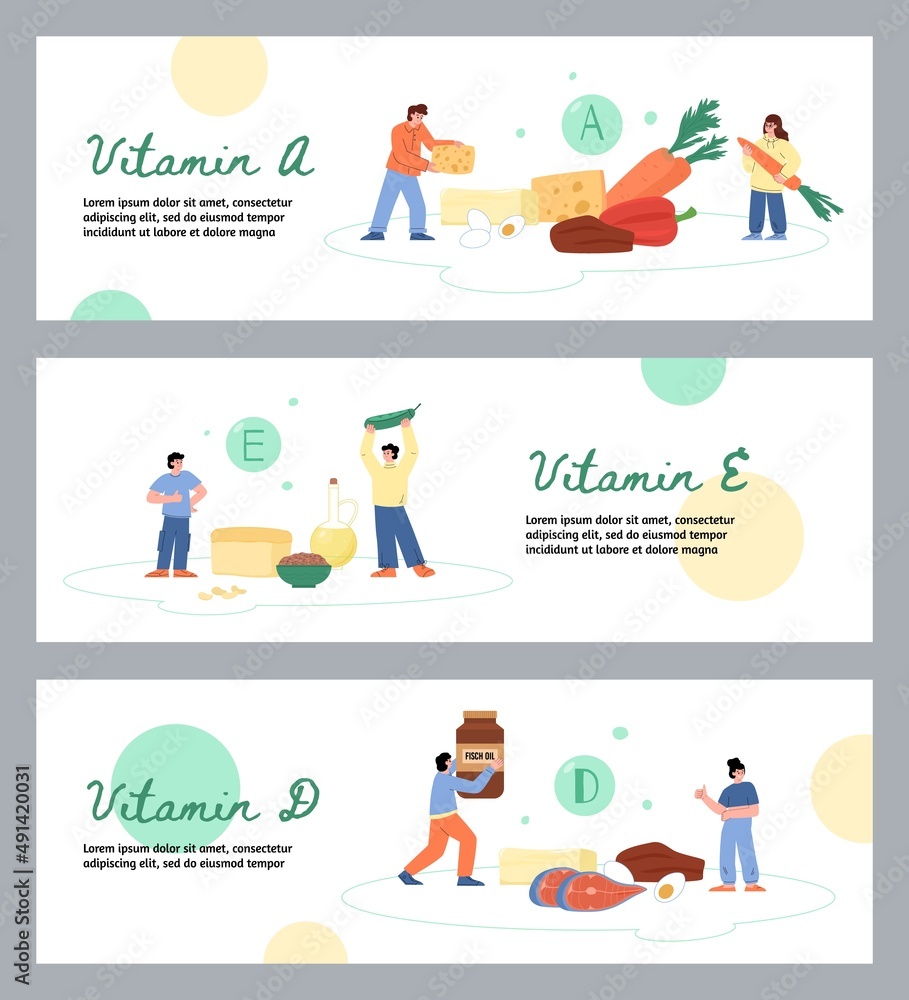 Food rich in vitamin A, E and D with people carrying healthy products, horizontal banner, flat vector illustration. Food rich in vitamin A, E and D with people carrying healthy products, horizontal banner, flat vector illustration.