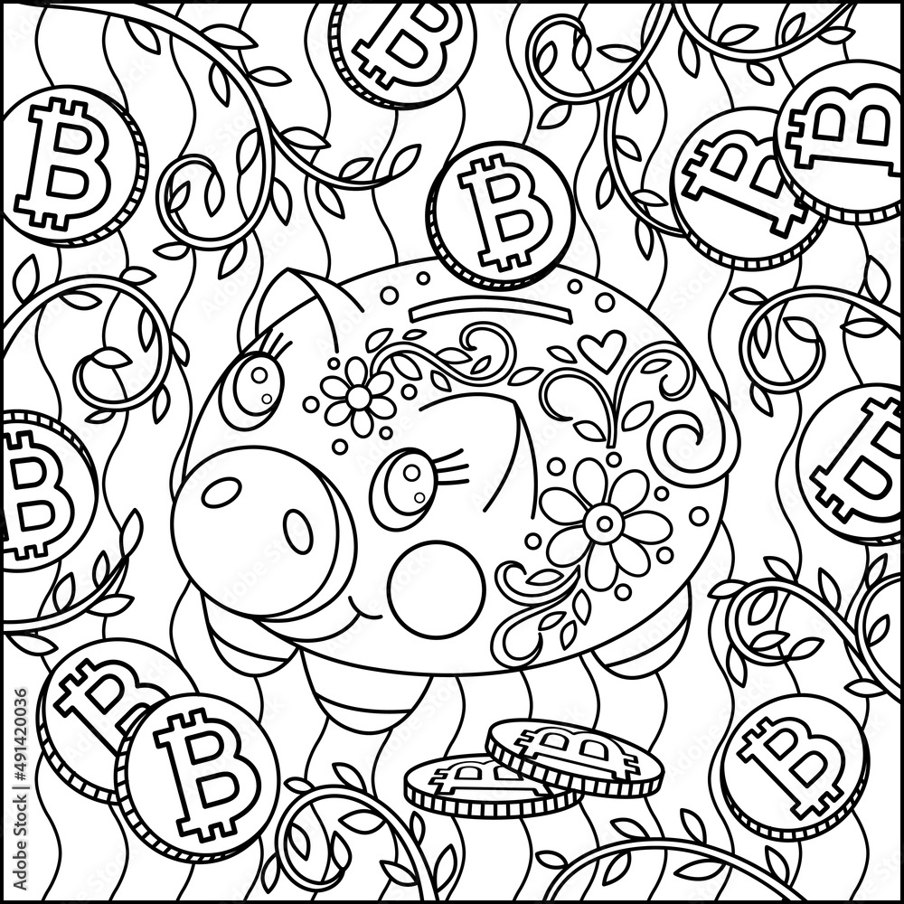 Cute pig coloring page. Creative money box cartoon piggy bank with bitcoin.	