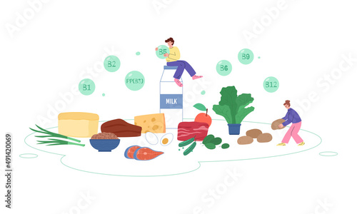 People with sources of vitamins of B and P groups, vector illustration isolated.