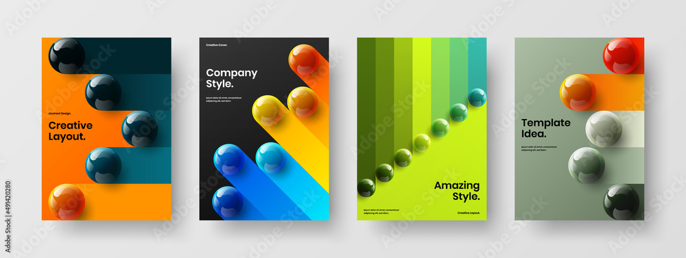 Bright brochure vector design concept set. Colorful realistic balls handbill template composition.