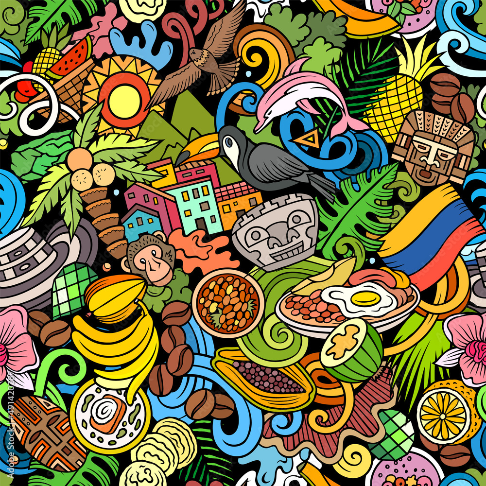 Obraz premium Cartoon doodles Colombia seamless pattern.