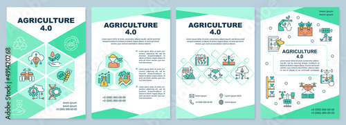 Agriculture innovation green brochure template. Farming industry. Leaflet design with linear icons. 4 vector layouts for presentation, annual reports. Arial-Black, Myriad Pro-Regular fonts used
