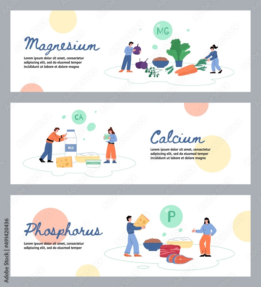 Calcium, magnesium and phosphorus nutrient element banners vector illustration. Calcium, magnesium and phosphorus nutrient element banners vector illustration.