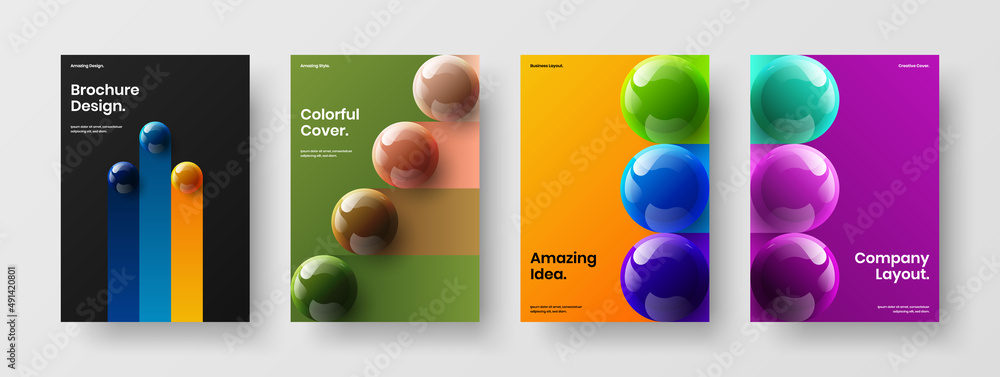 Multicolored realistic balls postcard template composition. Trendy pamphlet A4 design vector layout set.