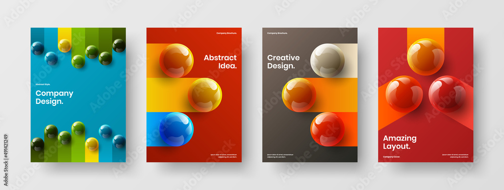 Multicolored 3D spheres poster layout composition. Trendy corporate cover A4 design vector template collection.