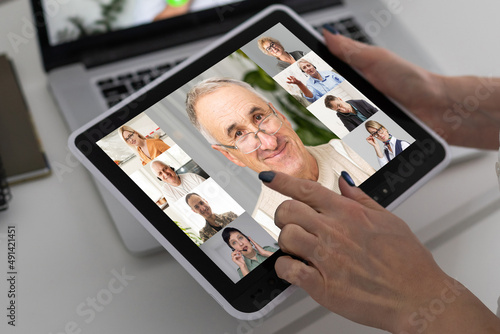 Virtual video conference, Work from home, Brainstorm planing teamwork, business team making video call by web, Group of team online telecommunication meeting by digital tablet