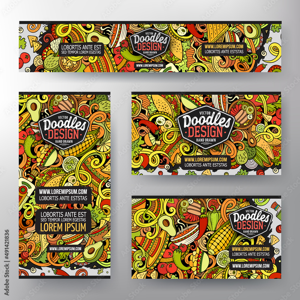 Cartoon vector doodle set of mexican food corporate identity templates.