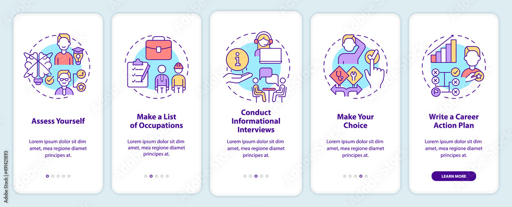 Steps to choose career onboarding mobile app screen. Occupations list walkthrough 5 steps graphic instructions pages with linear concepts. UI, UX, GUI template. Myriad Pro-Bold, Regular fonts used