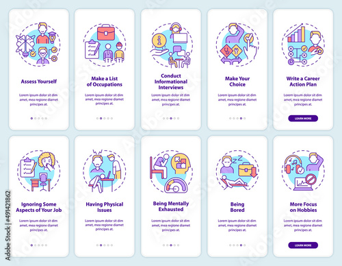 How to choose right job onboarding mobile app screen set. Wrong career walkthrough 5 steps graphic instructions pages with linear concepts. UI, UX, GUI template. Myriad Pro-Bold, Regular fonts used